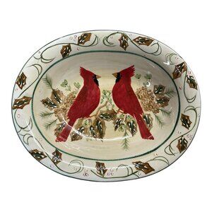 Century Red Cardinal Birds Pinecone Oval Serving Pasta Bowl Platter Christmas